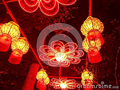 Hanging red and yellow Chinese lanterns at China Lights show in Hales Corner, Wisconsin with hanging red Chinese lanterns Stock Photo