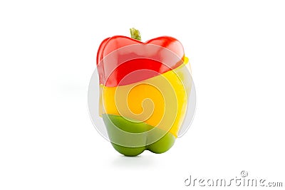 Red, yellow and green bell peppers in three junction fragments r Stock Photo
