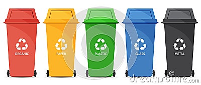 Red, yellow, green, blue and black recycle bins. Vector Illustration