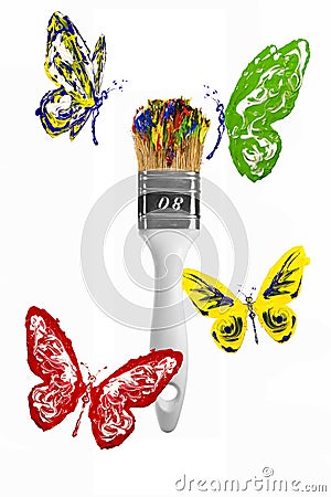 Red yellow green blue butterflies flying above paintbrush Stock Photo