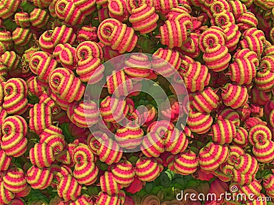 Red, yellow and green fractal background. Multiple 3d spheres. 3dillustration, 3d rendering Cartoon Illustration