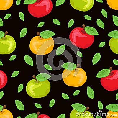 Red, yellow and green painted apples and multicolored leaves, colorful juicy fruits on black background. For the fabric design, Vector Illustration