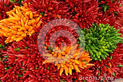 Red yellow green peppers Stock Photo