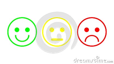 Red, yellow, green smileys emoticons icon negative, neutral and positive, different mood. Vector Illustration