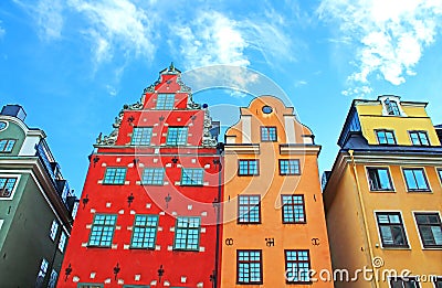 Red and Yellow iconic buildings on Stortorget, Stockholm, Sweden Stock Photo