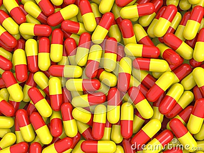 Red and yellow pills background Stock Photo