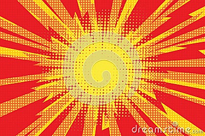 Red yellow pop art retro background cartoon lightning blast radi Vector Illustration