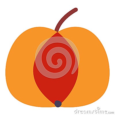 Red and yellow pumpkin isolated on white background. Brown peduncle. Cartoon style. Autumn harvesting time. Vegan or vegetarian. Vector Illustration