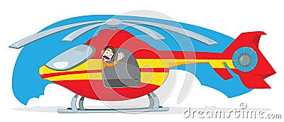 Red and yellow rescue helicopter driven by a funny and friendly pilot cheering Vector Illustration