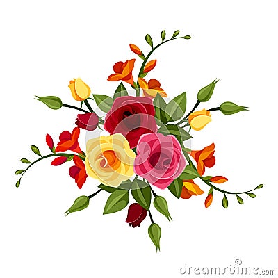 Red and yellow roses and freesia flowers. Vector illustration. Vector Illustration