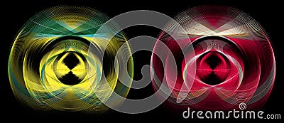 Red and yellow rounded three-dimensional elements with colored patterned inserts. Set of graphic design elements Cartoon Illustration