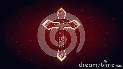 Red Yellow Shiny Cross Jesus Christianity Symbol Shape 3d Lines Effect With Tiny Hearts Particles Stock Photo