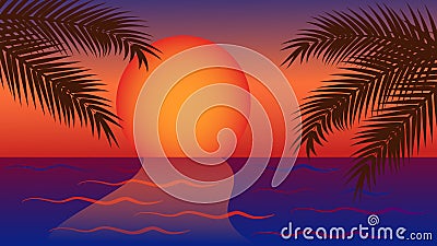 Red yellow sunset on the sea with the palm tree Vector Illustration