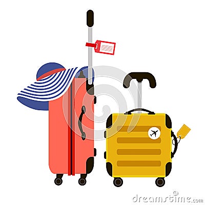 Red and Yellow Travel Suitcases. Woman summer hat. Time to Travel. Trip to World. Vacation. Holidays. Travel banner Vector Illustration