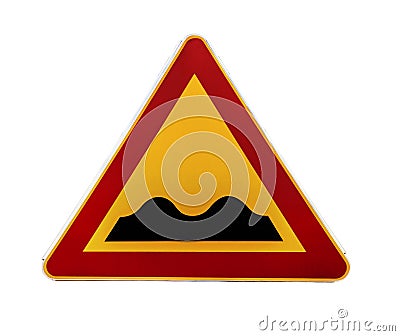 Red and yellow triangular warning road sign with a warning of a bumpy road ahead Stock Photo