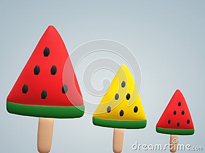Red and yellow watermelon slice each size on stick ready to eat. Stock Photo