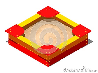 Red and yellow wooden children`s sandbox with bows, seats on the corners and a pile of sand for games, isometric view Vector Illustration