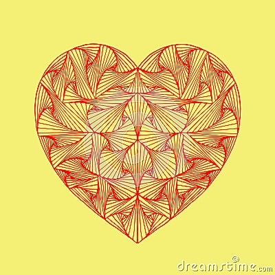 Red zentangle hand drawn decorative heart with paradox tangle on yellow background. Stock Photo
