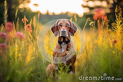 Redbone coonhound dog sitting in meadow field surrounded by vibrant wildflowers and grass on sunny day ai generated Stock Photo