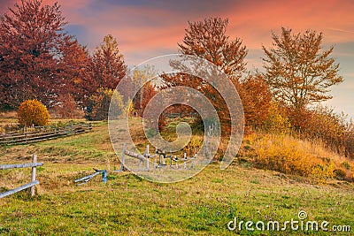 Reddish sunrise in autumn countryside Stock Photo