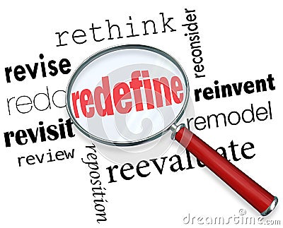 Redefine Rethink Remodel Revise Redo Magnifying Glass Words Stock Photo