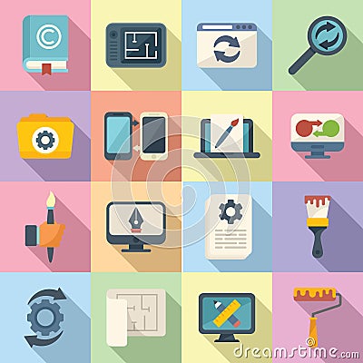 Redesign icons set flat vector. Artist brief Vector Illustration