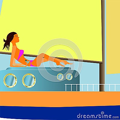 Redhair girl is sunbathing on the yacht Vector Illustration