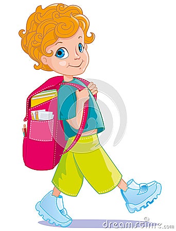 The redhaired curly-haired schoolboy fun walks goes to school Vector Illustration