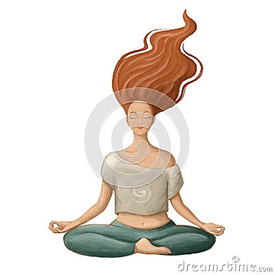 Redhaired lady meditation, watercolor style illustration, health clipart Cartoon Illustration