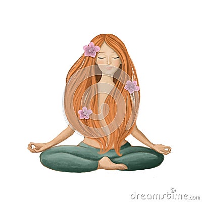 Redhaired lady meditation, watercolor style illustration, health clipart Cartoon Illustration