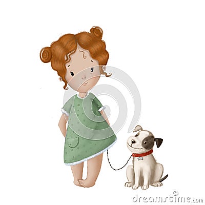 redhaired little girl with dog, watercolor illustration Cartoon Illustration