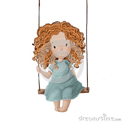 redhaired little girl on swing, watercolor illustration Cartoon Illustration