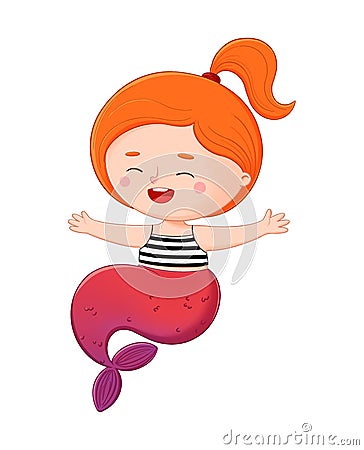Redhaired little mermaid with a ponytail smiling bright Cartoon Illustration