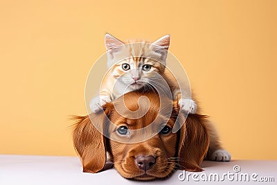 Redhaired Puppies Pose With Cat On Dogs Head Stock Photo