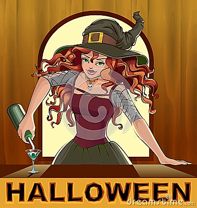 Redhead beautiful pretty witch girl pours cocktails Halloween Vector Illustration