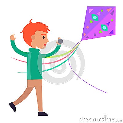 Redhead Boy Plays with Colorful Kite Illustration Vector Illustration