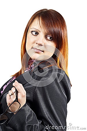 Redhead business woman holding glasses Stock Photo