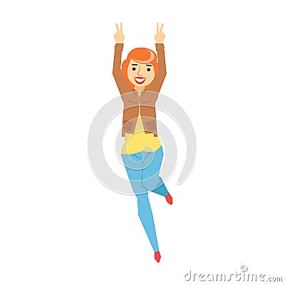 Redhead Chubby Woman Dancing,Part Of Funny Drunk People Having Fun At The Party Series Vector Illustration