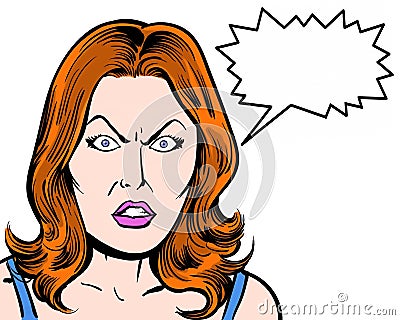 Redhead comic pop art character angry with shouting bubble and white background Stock Photo