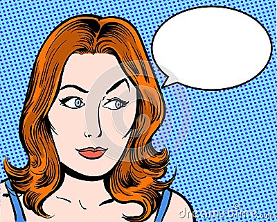 Redhead comic pop art character looking sideways with speech bubble Stock Photo