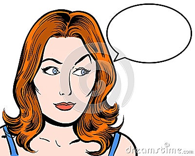 Redhead comic pop art character looking sideways with speech bubble white background Stock Photo