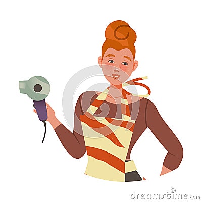 Redhead Freckled Woman Hairdresser in Apron and with Hair Dryer Vector Illustration Vector Illustration