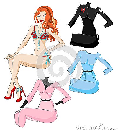 Redhead girl doll with a set of clothes dresses and suits Vector Illustration
