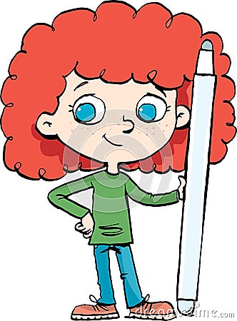 Redhead girl holding a big digital pen Vector Illustration