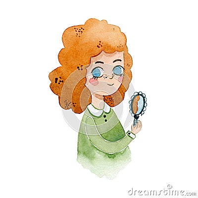 Redhead girl with a mirror, watercolor Stock Photo