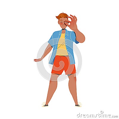 Redhead Man Character Showing Small Size with Finger as Hand Gesture Expressing Emotion with Body Language Vector Vector Illustration
