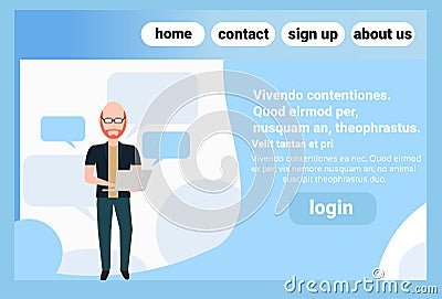 Redhead man using laptop chat bubble standing pose bald head faceless silhouette male cartoon character copy space Vector Illustration