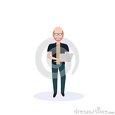 Redhead man using laptop standing pose isolated bald head faceless silhouette male cartoon character full length flat Vector Illustration