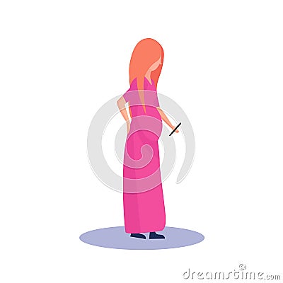 Redhead pregnant woman profile isolated using smartphone female cartoon character full length flat Vector Illustration