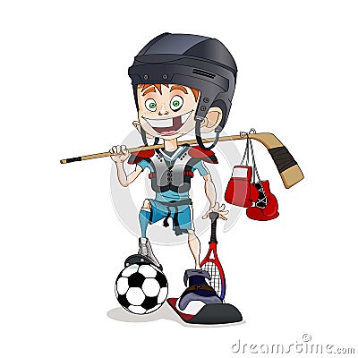 Redhead toothless all-around sports boy with many different sportive equipment Stock Photo